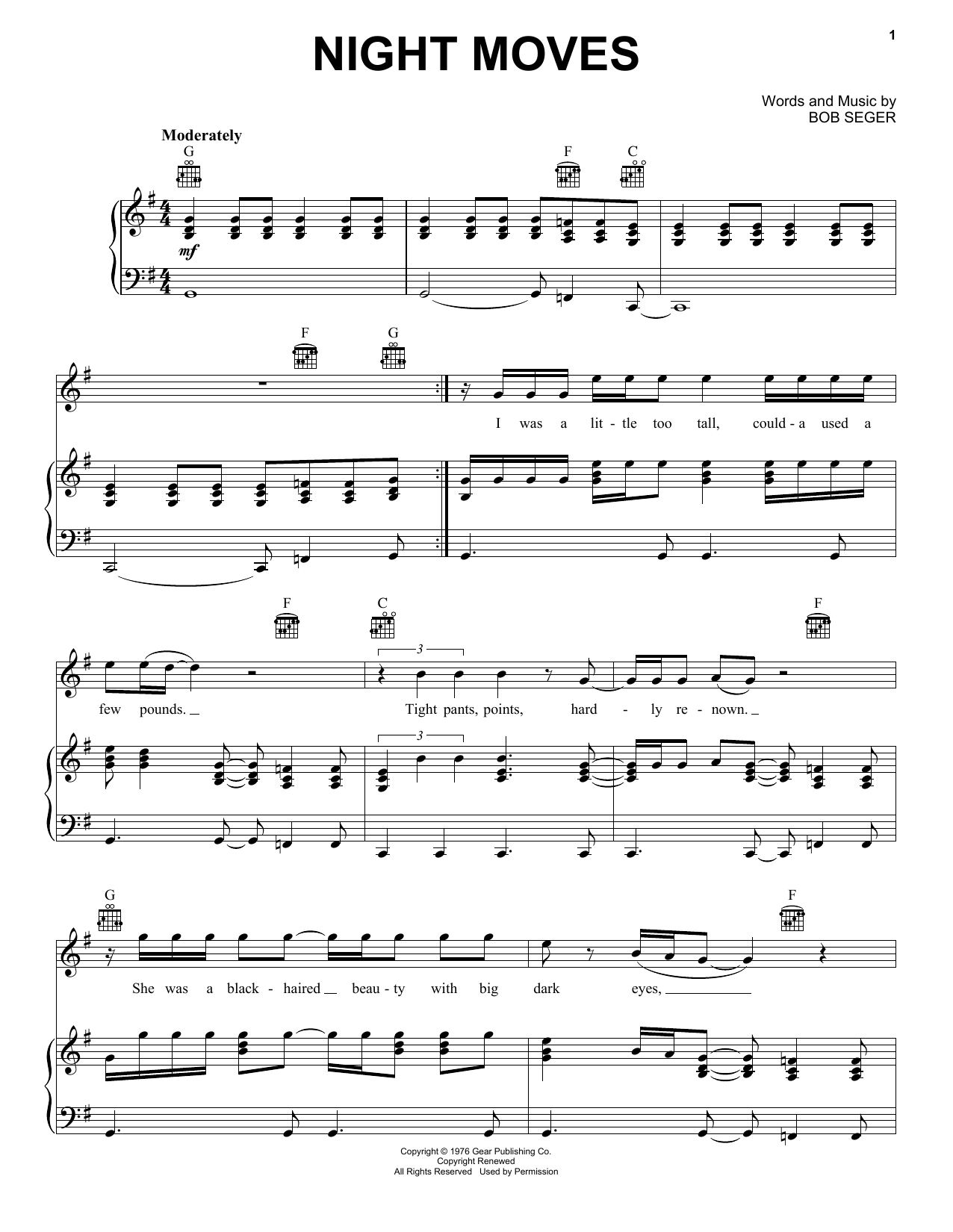 Download Bob Seger Night Moves sheet music and printable PDF score & Rock music notes
