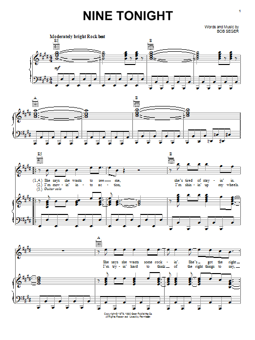 Preview Bob Seger Nine Tonight Rock sheet music, notes and chords for Lyrics & Chords, SKU: 79643 Download Bob Seger Nine Tonight sheet music and printable PDF score & Rock music notes