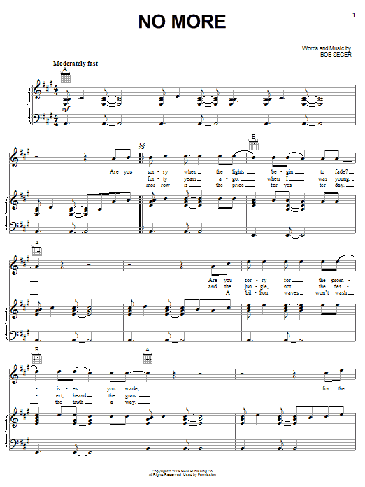 Preview Bob Seger No More Rock sheet music, notes and chords for Piano, Vocal & Guitar (Right-Hand Melody), SKU: 59066 sheet music, piano notes, chords, guitar tabs, score, transpose, transcribe, how to play, guide, download, learn, tutorial, progression, song, artist, awards, billboard, mtv, vh1, tour, single, album, release