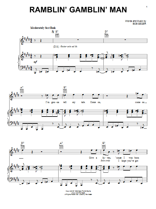 Download Bob Seger Ramblin' Gamblin' Man sheet music and printable PDF score & Rock music notes