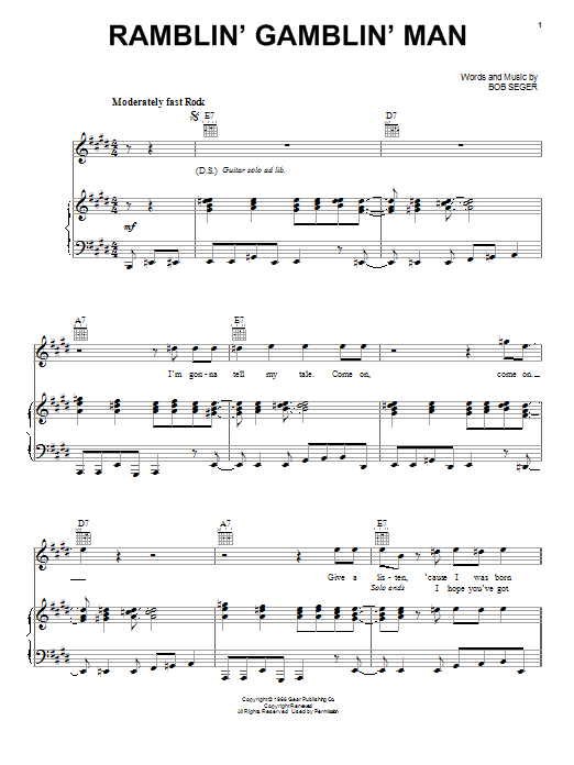 Preview Bob Seger Ramblin' Gamblin' Man Rock sheet music, notes and chords for Lyrics & Chords, SKU: 79625 Download Bob Seger Ramblin' Gamblin' Man sheet music and printable PDF score & Rock music notes