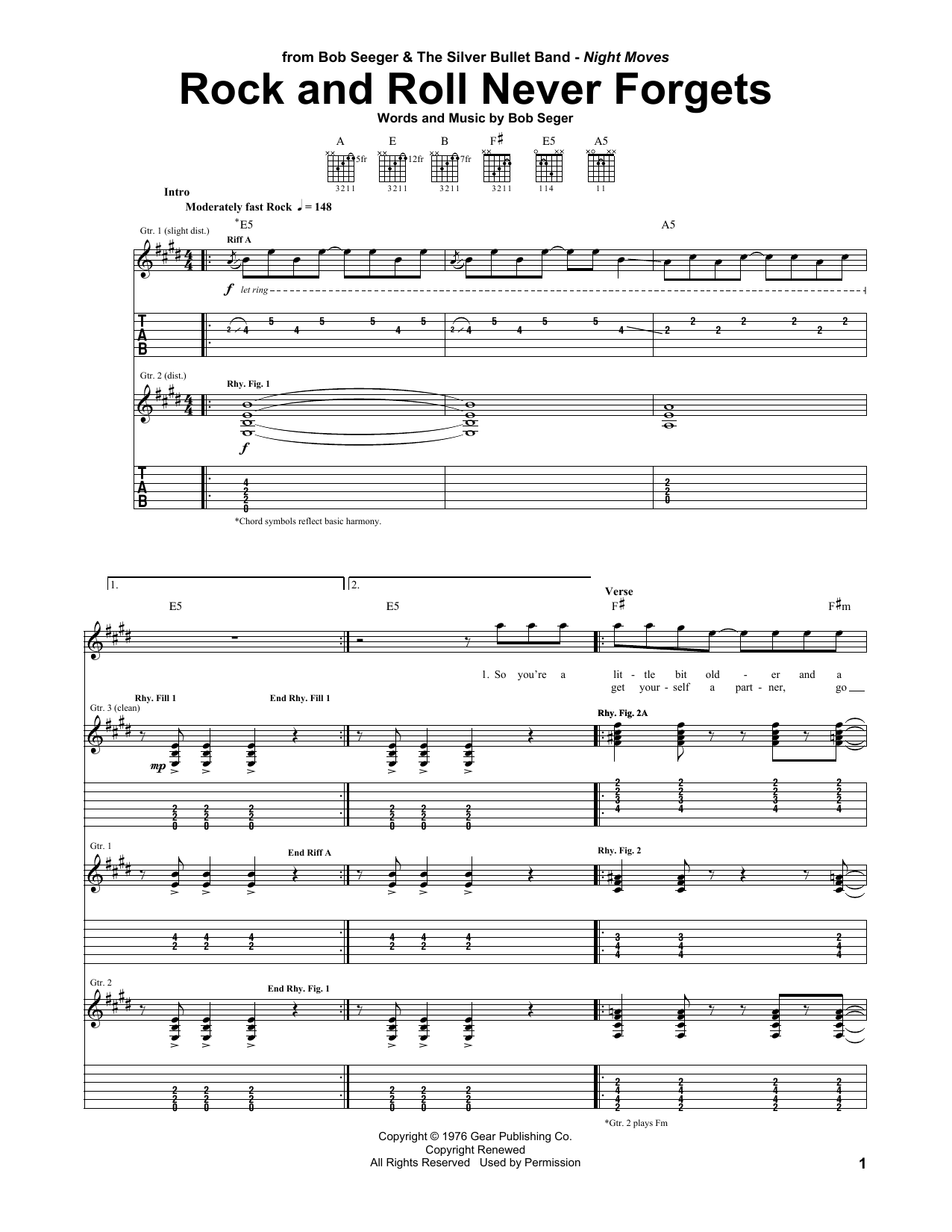 Preview Bob Seger Rock And Roll Never Forgets Rock sheet music, notes and chords for Guitar Tab, SKU: 24223 sheet music, piano notes, chords, guitar tabs, score, transpose, transcribe, how to play, guide, download, learn, tutorial, progression, song, artist, awards, billboard, mtv, vh1, tour, single, album, release