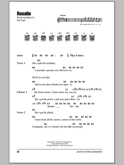 Preview Bob Seger Rosalie Rock sheet music, notes and chords for Lyrics & Chords, SKU: 79638 Download Bob Seger Rosalie sheet music and printable PDF score & Rock music notes