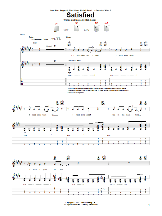Preview Bob Seger Satisfied Rock sheet music, notes and chords for Guitar Tab, SKU: 28016 sheet music, piano notes, chords, guitar tabs, score, transpose, transcribe, how to play, guide, download, learn, tutorial, progression, song, artist, awards, billboard, mtv, vh1, tour, single, album, release