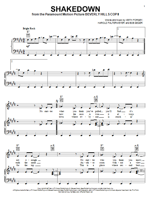 Preview Bob Seger Shakedown Rock sheet music, notes and chords for Piano, Vocal & Guitar (Right-Hand Melody), SKU: 18164 sheet music, piano notes, chords, guitar tabs, score, transpose, transcribe, how to play, guide, download, learn, tutorial, progression, song, artist, awards, billboard, mtv, vh1, tour, single, album, release