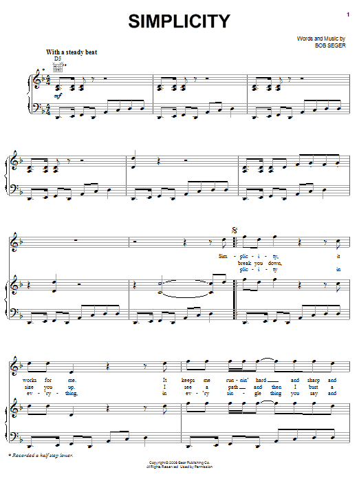 Download Bob Seger Simplicity sheet music and printable PDF score & Rock music notes