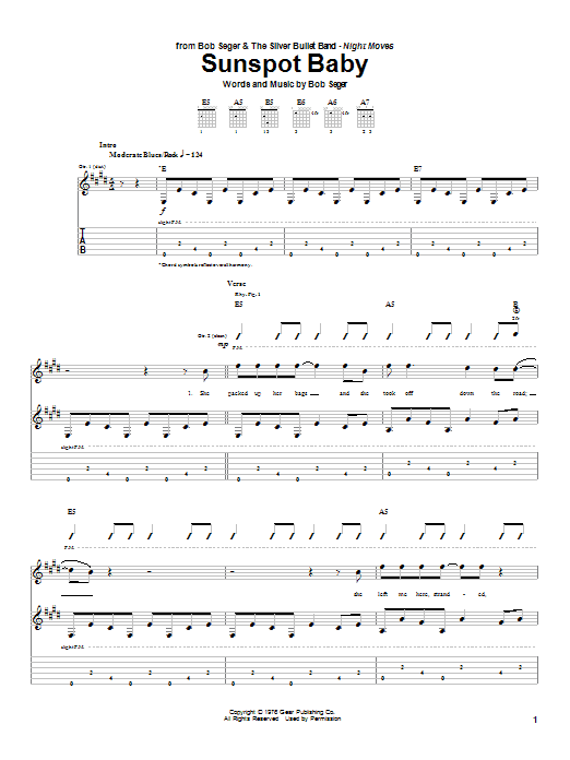 Preview Bob Seger Sunspot Baby Rock sheet music, notes and chords for Piano, Vocal & Guitar (Right-Hand Melody), SKU: 28722 Download Bob Seger Sunspot Baby sheet music and printable PDF score & Rock music notes