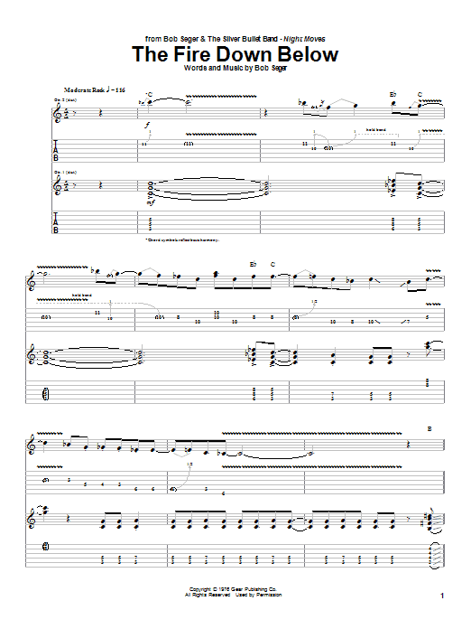 Preview Bob Seger The Fire Down Below Pop sheet music, notes and chords for Guitar Tab, SKU: 24234 sheet music, piano notes, chords, guitar tabs, score, transpose, transcribe, how to play, guide, download, learn, tutorial, progression, song, artist, awards, billboard, mtv, vh1, tour, single, album, release