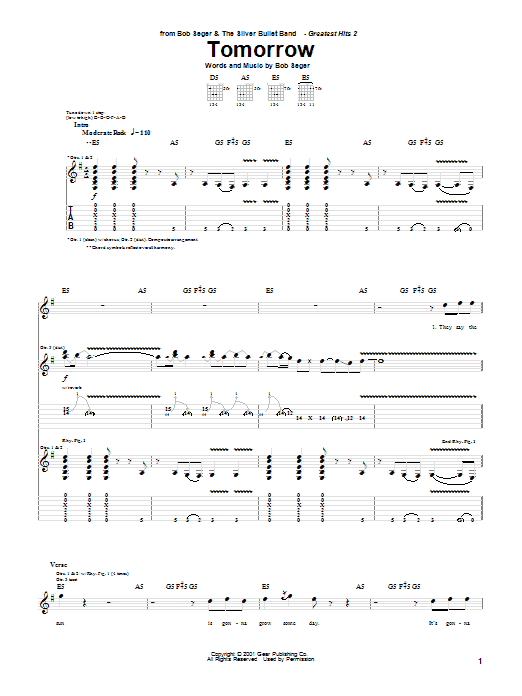 Download Bob Seger Tomorrow sheet music and printable PDF score & Rock music notes