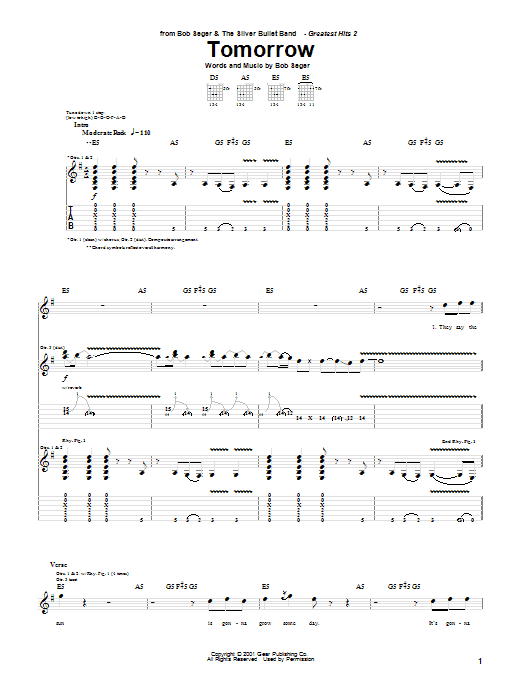 Preview Bob Seger Tomorrow Rock sheet music, notes and chords for Guitar Tab, SKU: 28017 sheet music, piano notes, chords, guitar tabs, score, transpose, transcribe, how to play, guide, download, learn, tutorial, progression, song, artist, awards, billboard, mtv, vh1, tour, single, album, release