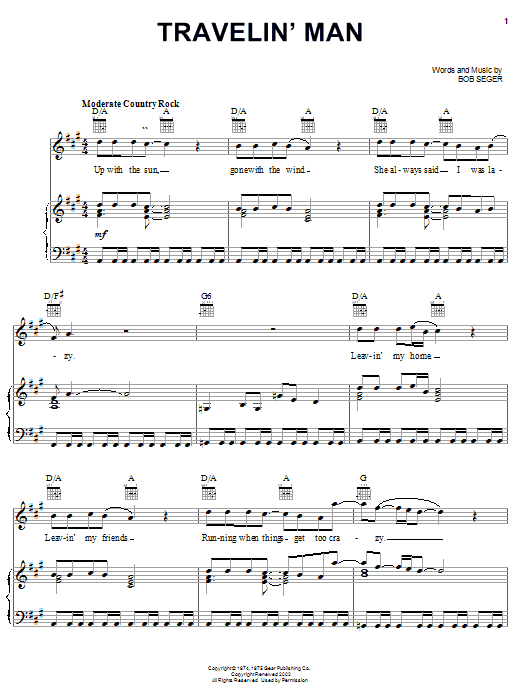 Preview Bob Seger Travelin' Man Rock sheet music, notes and chords for Lyrics & Chords, SKU: 79629 Download Bob Seger Travelin' Man sheet music and printable PDF score & Rock music notes
