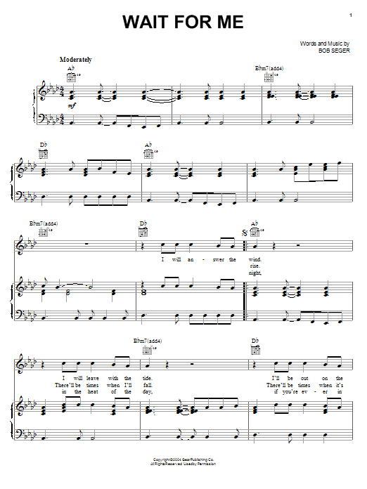 Preview Bob Seger Wait For Me Rock sheet music, notes and chords for Piano, Vocal & Guitar (Right-Hand Melody), SKU: 59071 sheet music, piano notes, chords, guitar tabs, score, transpose, transcribe, how to play, guide, download, learn, tutorial, progression, song, artist, awards, billboard, mtv, vh1, tour, single, album, release