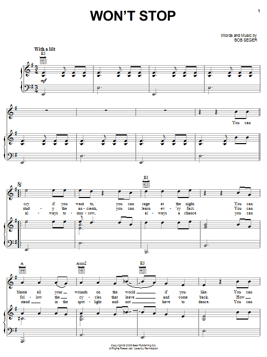 Download Bob Seger Won't Stop sheet music and printable PDF score & Rock music notes