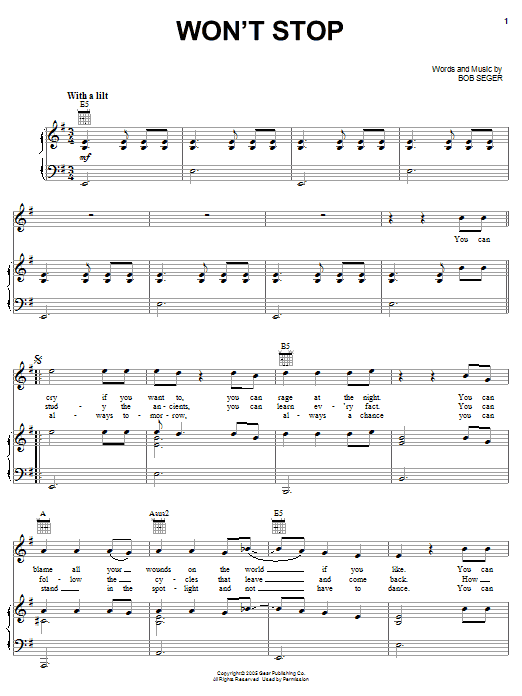 Preview Bob Seger Won't Stop Rock sheet music, notes and chords for Piano, Vocal & Guitar (Right-Hand Melody), SKU: 59065 sheet music, piano notes, chords, guitar tabs, score, transpose, transcribe, how to play, guide, download, learn, tutorial, progression, song, artist, awards, billboard, mtv, vh1, tour, single, album, release