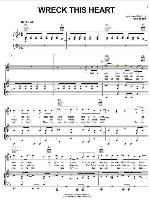 Preview Bob Seger Wreck This Heart Rock sheet music, notes and chords for Lyrics & Chords, SKU: 79632 Download Bob Seger Wreck This Heart sheet music and printable PDF score & Rock music notes
