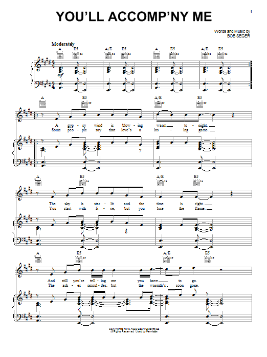 Preview Bob Seger You'll Accomp'ny Me Rock sheet music, notes and chords for Guitar Tab (Single Guitar), SKU: 470255 sheet music, piano notes, chords, guitar tabs, score, transpose, transcribe, how to play, guide, download, learn, tutorial, progression, song, artist, awards, billboard, mtv, vh1, tour, single, album, release