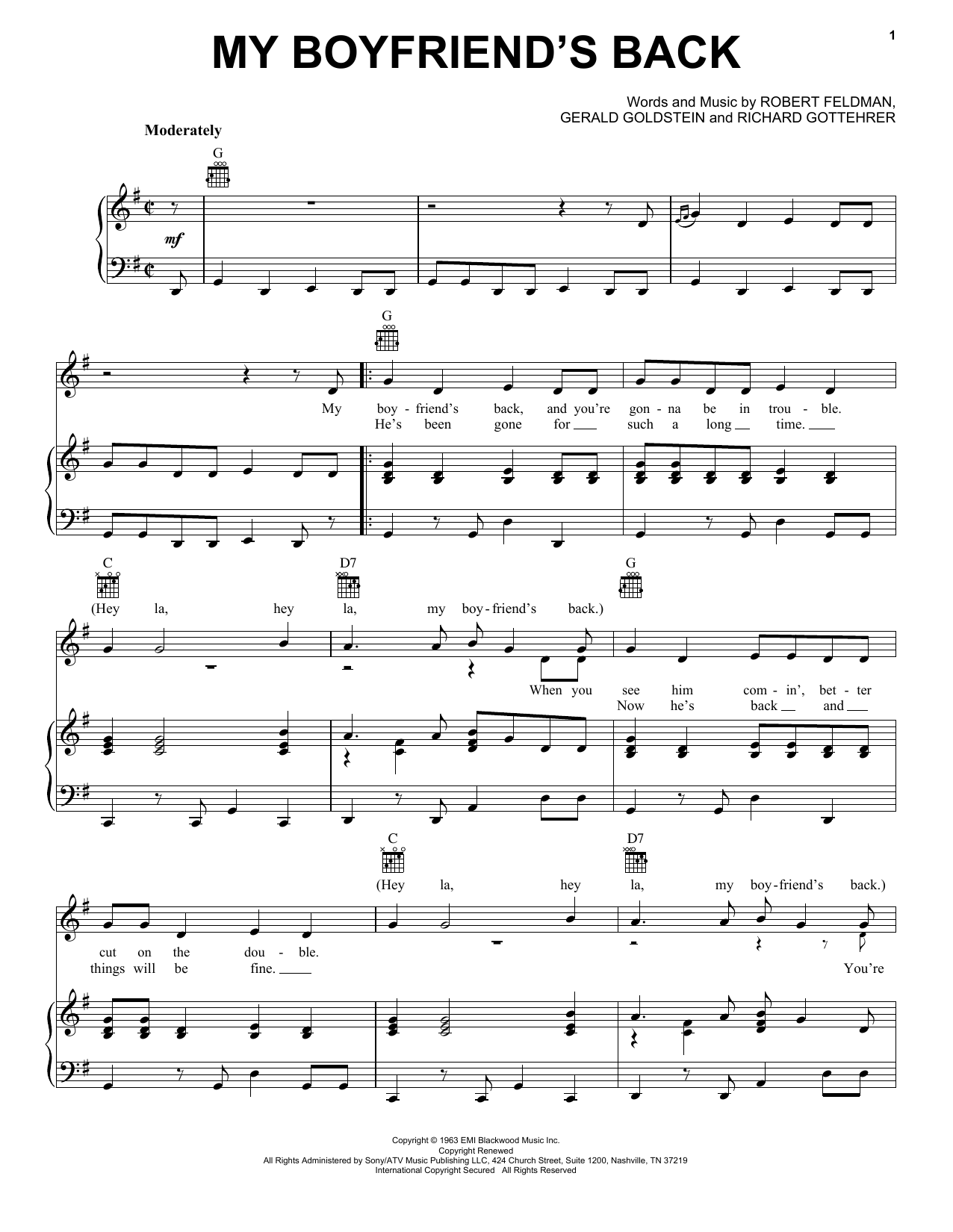 Preview Bobby Comstock My Boyfriend's Back Rock sheet music, notes and chords for Piano, Vocal & Guitar (Right-Hand Melody), SKU: 18081 Download Bobby Comstock My Boyfriend's Back sheet music and printable PDF score & Rock music notes