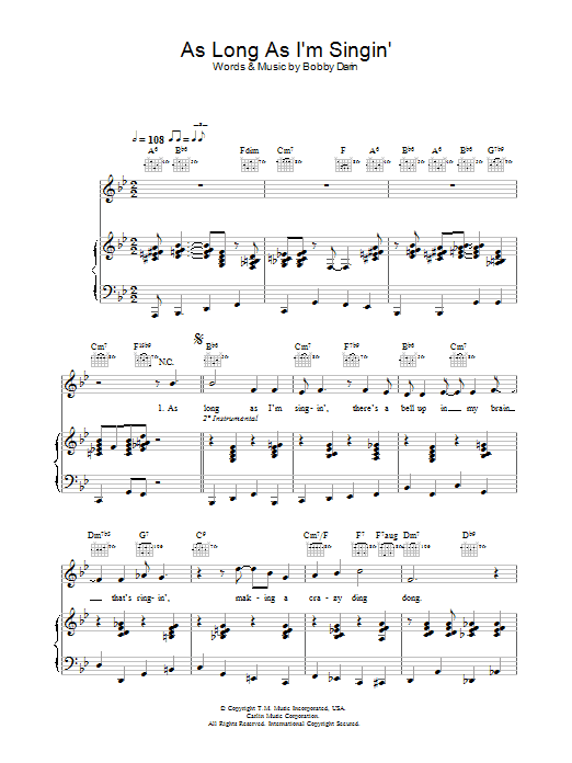 Preview Bobby Darin As Long As I'm Singing Swing sheet music, notes and chords for Piano, Vocal & Guitar, SKU: 31971 Download Bobby Darin As Long As I'm Singing sheet music and printable PDF score & Swing music notes