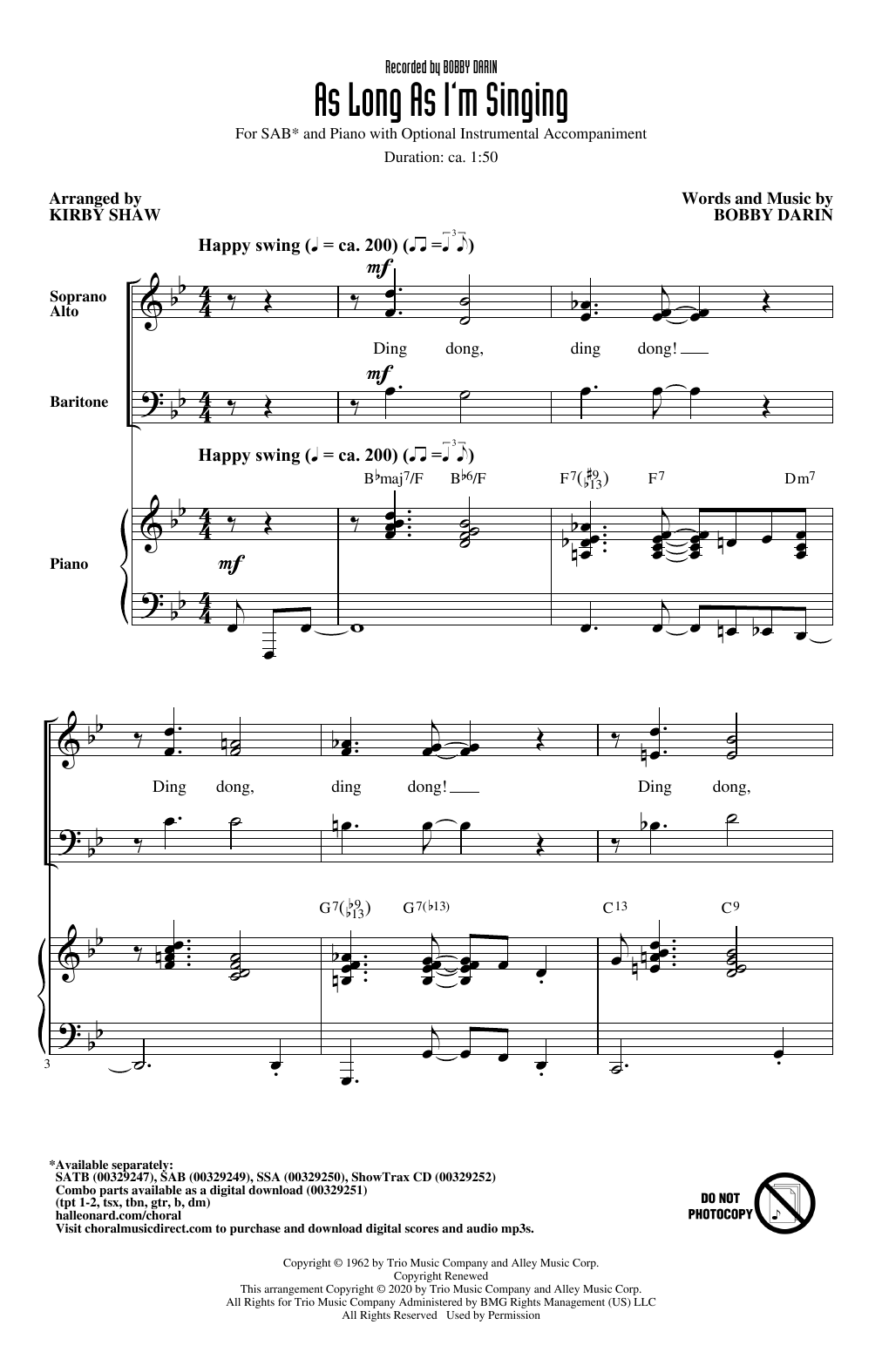 Download Bobby Darin As Long As I'm Singing (arr. Kirby Shaw) sheet music and printable PDF score & Jazz music notes