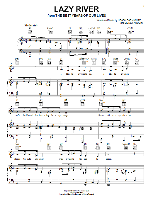 Preview Bobby Darin Lazy River Jazz sheet music, notes and chords for Easy Piano, SKU: 69975 Download Bobby Darin Lazy River sheet music and printable PDF score & Jazz music notes