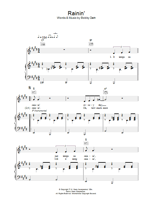 Preview Bobby Darin Rainin' Swing sheet music, notes and chords for Piano, Vocal & Guitar, SKU: 31973 Download Bobby Darin Rainin' sheet music and printable PDF score & Swing music notes
