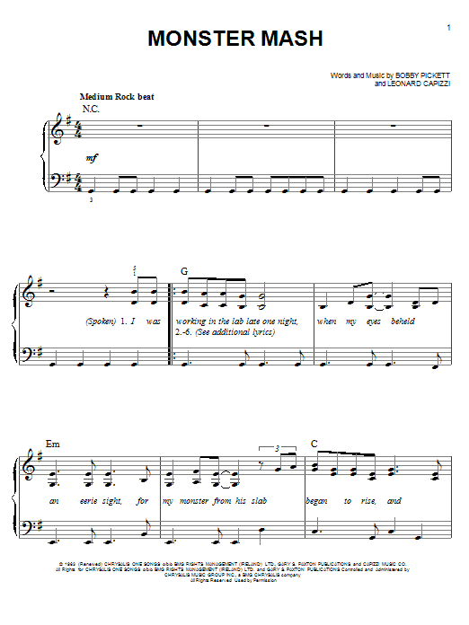 Download Bobby 'Boris' Pickett Monster Mash sheet music and printable PDF score & Children music notes