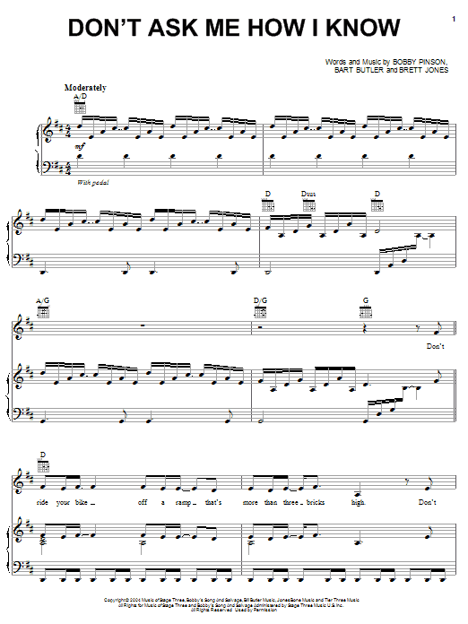 Preview Bobby Pinson Don't Ask Me How I Know Pop sheet music, notes and chords for Piano, Vocal & Guitar (Right-Hand Melody), SKU: 51392 Download Bobby Pinson Don't Ask Me How I Know sheet music and printable PDF score & Pop music notes