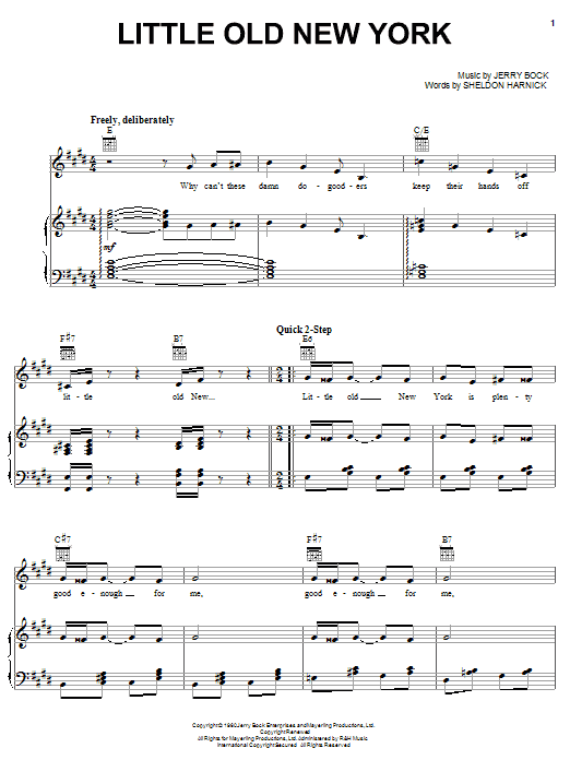 Preview Bock & Harnick Little Old New York Unclassified sheet music, notes and chords for Piano, Vocal & Guitar (Right-Hand Melody), SKU: 59073 sheet music, piano notes, chords, guitar tabs, score, transpose, transcribe, how to play, guide, download, learn, tutorial, progression, song, artist, awards, billboard, mtv, vh1, tour, single, album, release