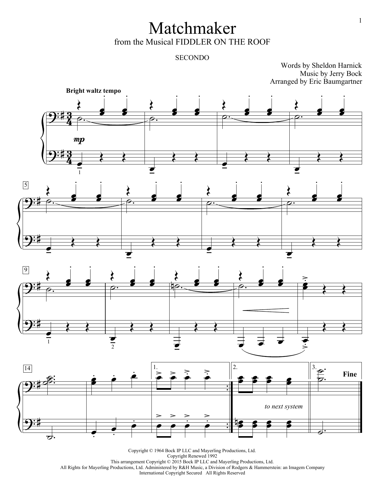 Bock Harnick Matchmaker From Fiddler On The Roof Arr Eric Baumgartner Sheet Music Download Printable Children Pdf Piano Duet Score Sku 162209