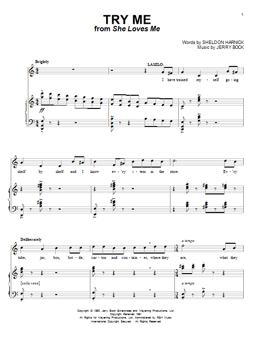 Preview Bock & Harnick Try Me Unclassified sheet music, notes and chords for Piano, Vocal & Guitar (Right-Hand Melody), SKU: 63253 Download Bock & Harnick Try Me sheet music and printable PDF score & Unclassified music notes