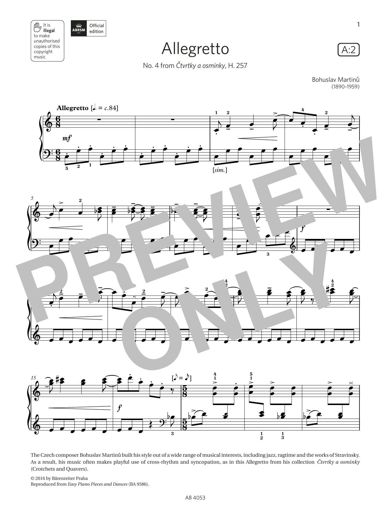 Bohuslav Martinu Allegretto (Grade 7, list A2, from the ABRSM Piano Syllabus 2023 & 2024) Sheet Music & Chords for Piano Solo - Download or Print PDF