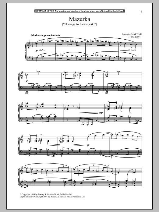 Preview Bohuslav Martinu Mazurka, H284 (Homage To Paderewski) Classical sheet music, notes and chords for Piano, SKU: 89527 sheet music, piano notes, chords, guitar tabs, score, transpose, transcribe, how to play, guide, download, learn, tutorial, progression, song, artist, awards, billboard, mtv, vh1, tour, single, album, release
