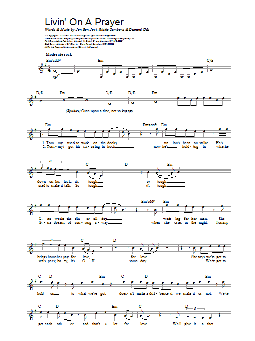 Download Bon Jovi Livin' On A Prayer sheet music and printable PDF score & Rock music notes