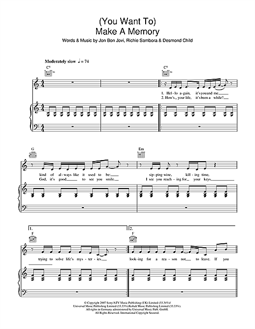 Preview Bon Jovi (You Want To) Make A Memory Pop sheet music, notes and chords for Piano, Vocal & Guitar (Right-Hand Melody), SKU: 59135 sheet music, piano notes, chords, guitar tabs, score, transpose, transcribe, how to play, guide, download, learn, tutorial, progression, song, artist, awards, billboard, mtv, vh1, tour, single, album, release
