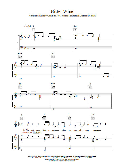 Download Bon Jovi Bitter Wine sheet music and printable PDF score & Rock music notes