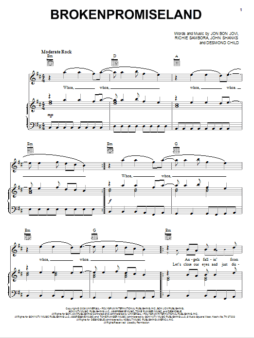 Preview Bon Jovi Brokenpromiseland Rock sheet music, notes and chords for Piano, Vocal & Guitar (Right-Hand Melody), SKU: 76389 Download Bon Jovi Brokenpromiseland sheet music and printable PDF score & Rock music notes