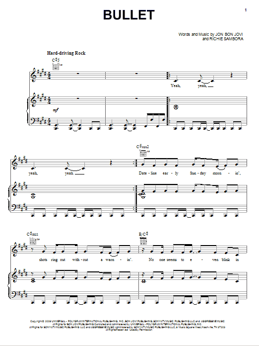 Preview Bon Jovi Bullet Rock sheet music, notes and chords for Piano, Vocal & Guitar (Right-Hand Melody), SKU: 76379 Download Bon Jovi Bullet sheet music and printable PDF score & Rock music notes