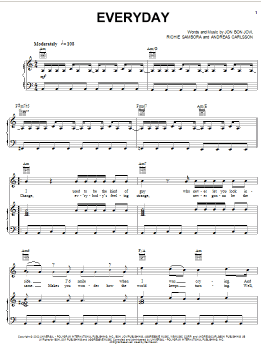 Download Bon Jovi Everyday sheet music and printable PDF score & Rock music notes