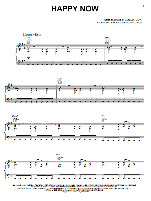 Preview Bon Jovi Happy Now Rock sheet music, notes and chords for Piano, Vocal & Guitar (Right-Hand Melody), SKU: 76381 Download Bon Jovi Happy Now sheet music and printable PDF score & Rock music notes