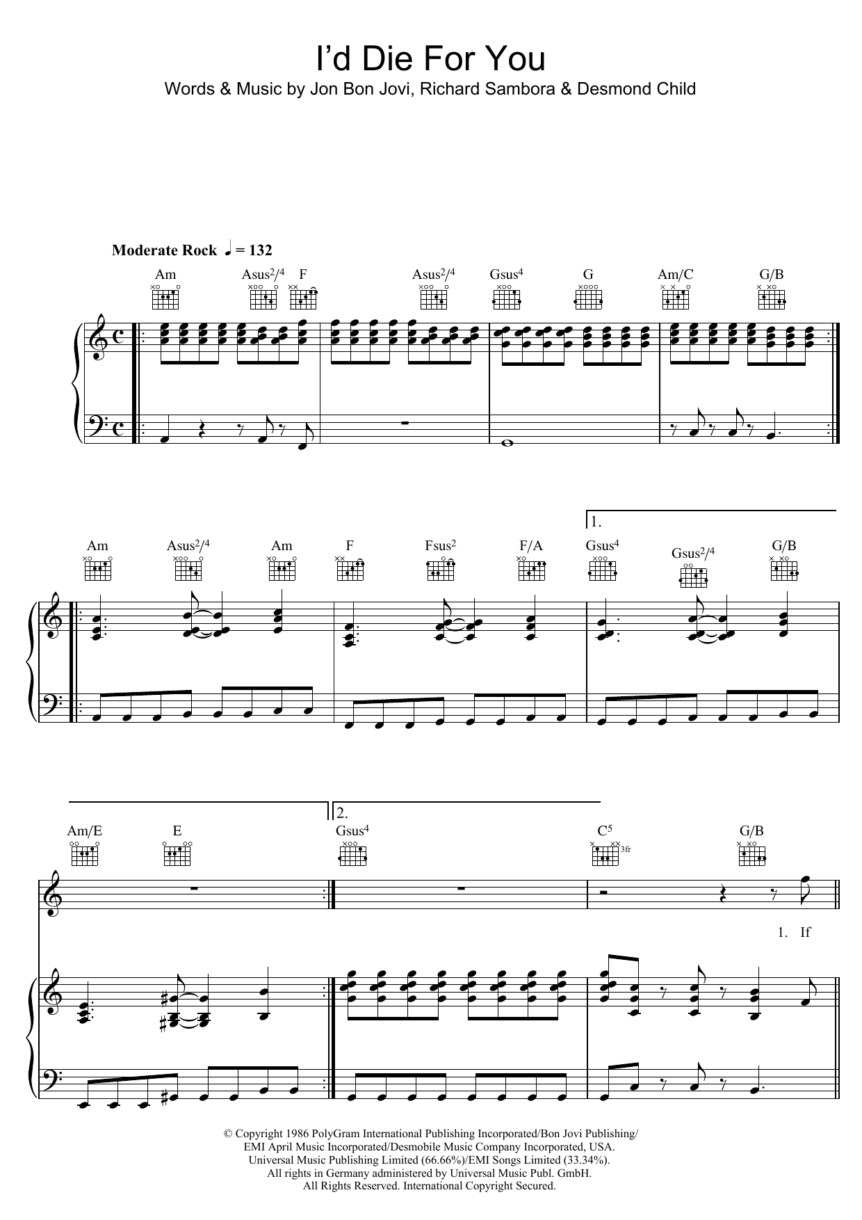 Download Bon Jovi I'd Die For You sheet music and printable PDF score & Rock music notes