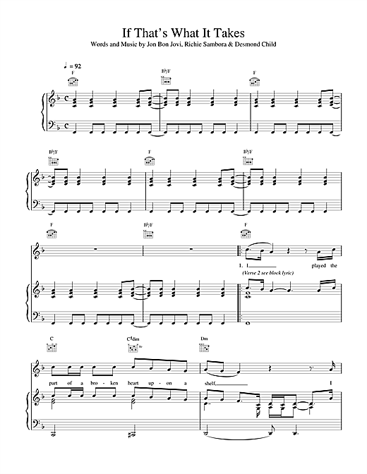 Preview Bon Jovi If That's What It Takes Rock sheet music, notes and chords for Piano, Vocal & Guitar (Right-Hand Melody), SKU: 15009 sheet music, piano notes, chords, guitar tabs, score, transpose, transcribe, how to play, guide, download, learn, tutorial, progression, song, artist, awards, billboard, mtv, vh1, tour, single, album, release
