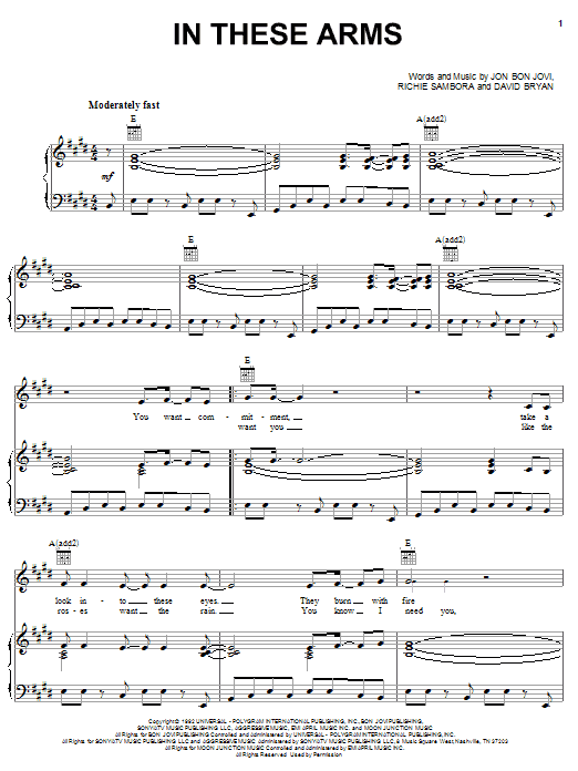 Preview Bon Jovi In These Arms Rock sheet music, notes and chords for Guitar Tab, SKU: 48249 Download Bon Jovi In These Arms sheet music and printable PDF score & Rock music notes