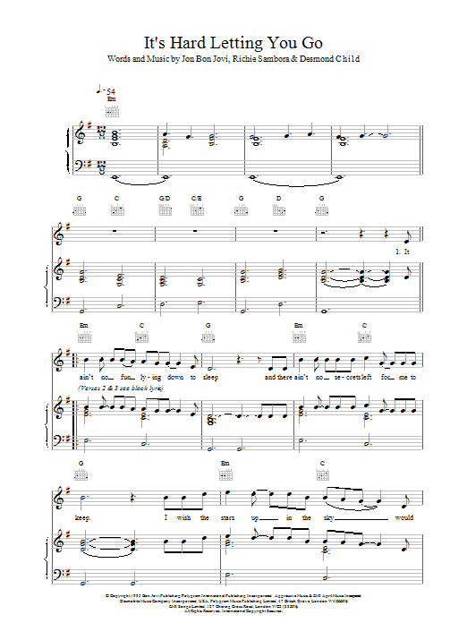 Download Bon Jovi It's Hard Letting You Go sheet music and printable PDF score & Rock music notes