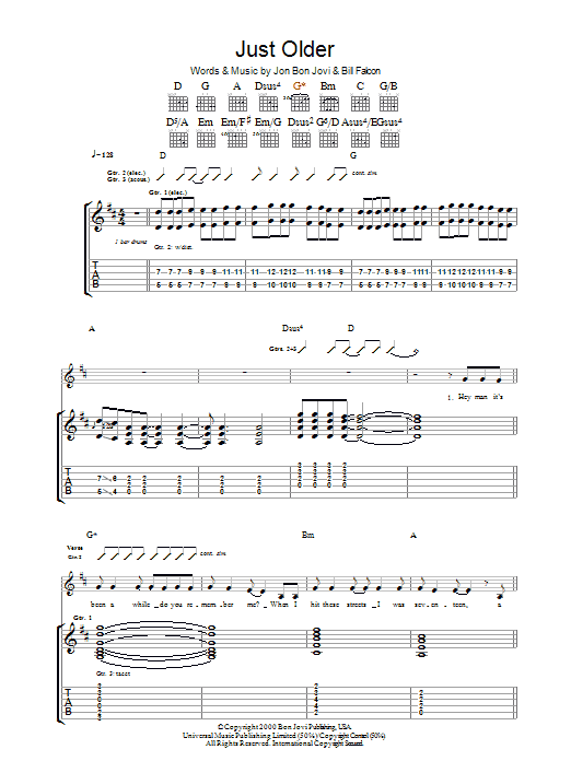 Download Bon Jovi Just Older sheet music and printable PDF score & Rock music notes