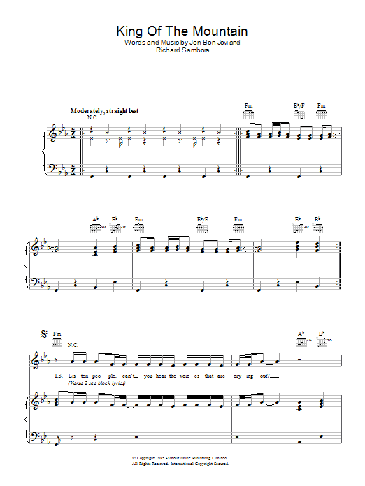 Download Bon Jovi King Of The Mountain sheet music and printable PDF score & Rock music notes