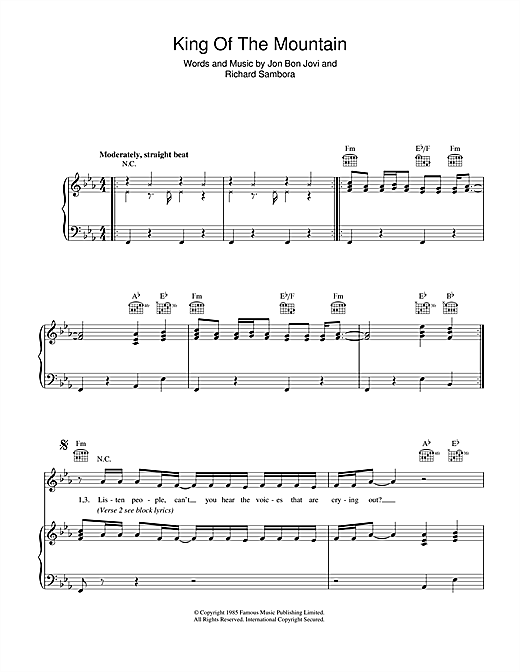 Preview Bon Jovi King Of The Mountain Rock sheet music, notes and chords for Piano, Vocal & Guitar (Right-Hand Melody), SKU: 47640 sheet music, piano notes, chords, guitar tabs, score, transpose, transcribe, how to play, guide, download, learn, tutorial, progression, song, artist, awards, billboard, mtv, vh1, tour, single, album, release