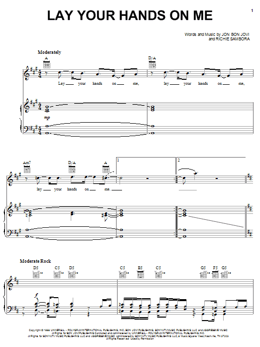 Preview Bon Jovi Lay Your Hands On Me Rock sheet music, notes and chords for Piano, Vocal & Guitar, SKU: 48250 Download Bon Jovi Lay Your Hands On Me sheet music and printable PDF score & Rock music notes