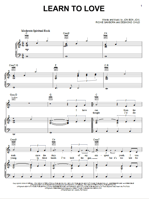 Preview Bon Jovi Learn To Love Rock sheet music, notes and chords for Piano, Vocal & Guitar (Right-Hand Melody), SKU: 76382 Download Bon Jovi Learn To Love sheet music and printable PDF score & Rock music notes