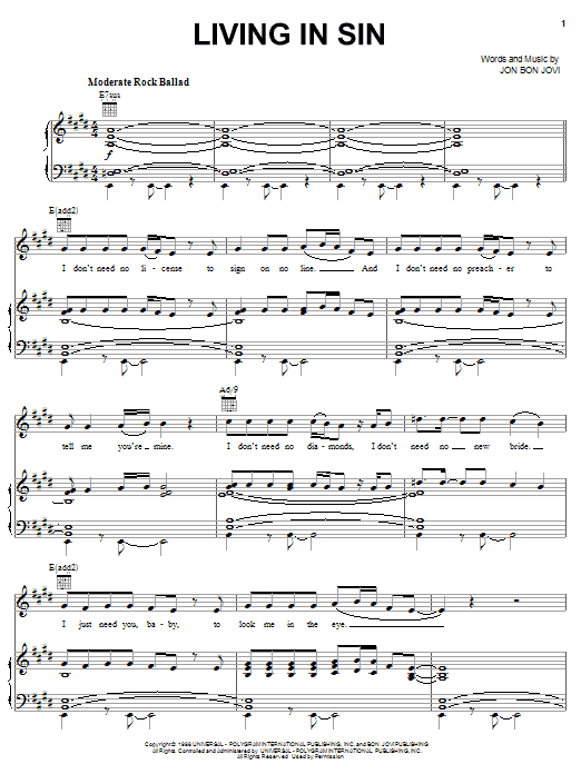 Download Bon Jovi Living In Sin sheet music and printable PDF score & Pop music notes