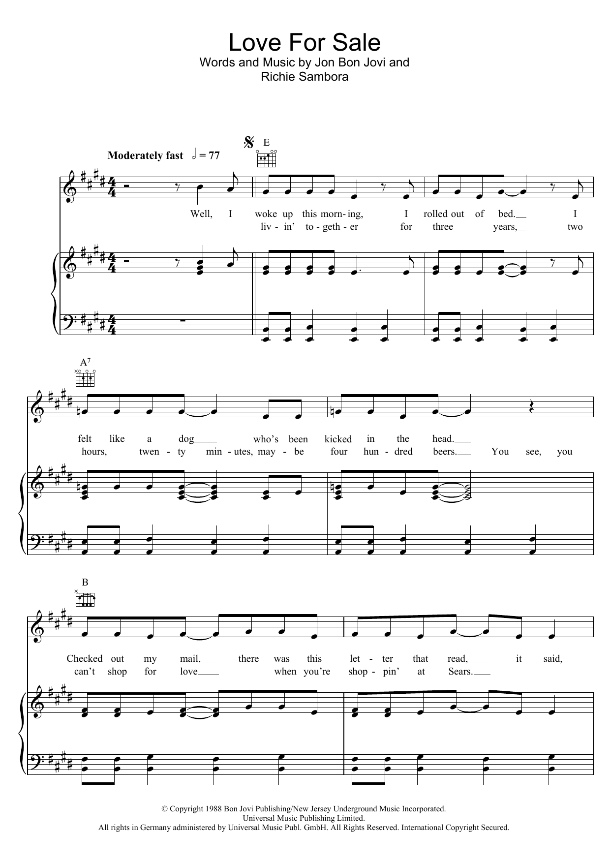 Preview Bon Jovi Love For Sale Pop sheet music, notes and chords for Piano, Vocal & Guitar (Right-Hand Melody), SKU: 48300 Download Bon Jovi Love For Sale sheet music and printable PDF score & Pop music notes